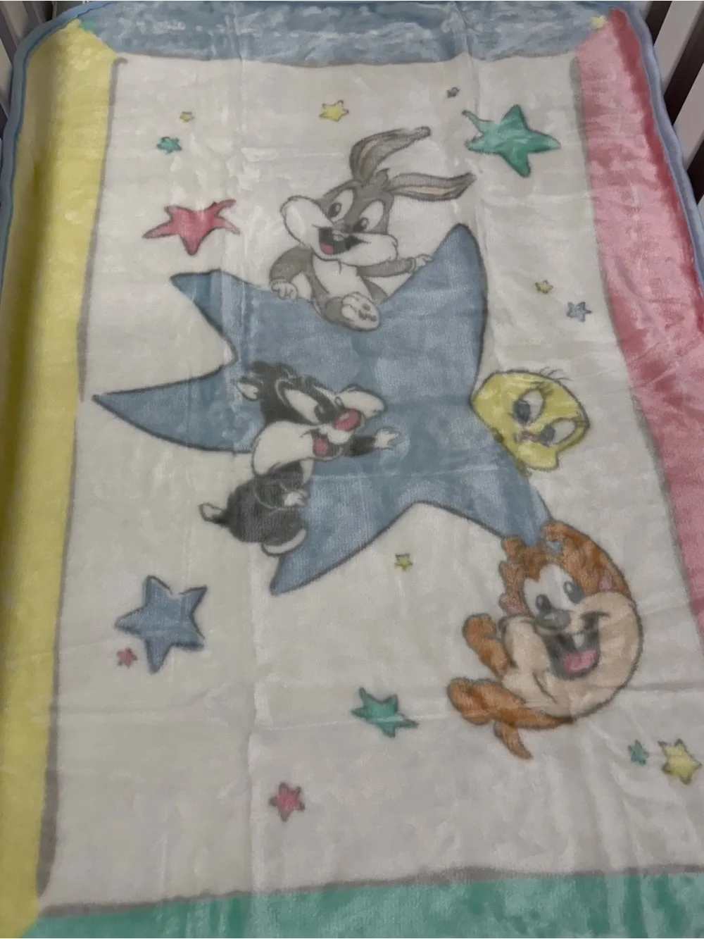 Baby Cartoon Star Plush Blanket - White with Pastel Accents